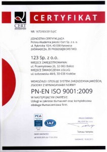 Certyfikat ISO 9001:2009 -123tlumacz.pl