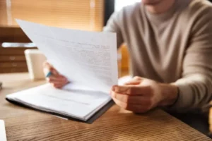 człowiek trzymający kartkę z tłumaczeniami